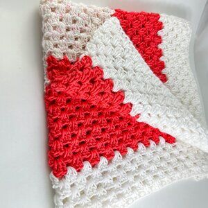 Soft Crochet Afghan Lap Blanket Lightweight White Coral Pink 35" Handmade
